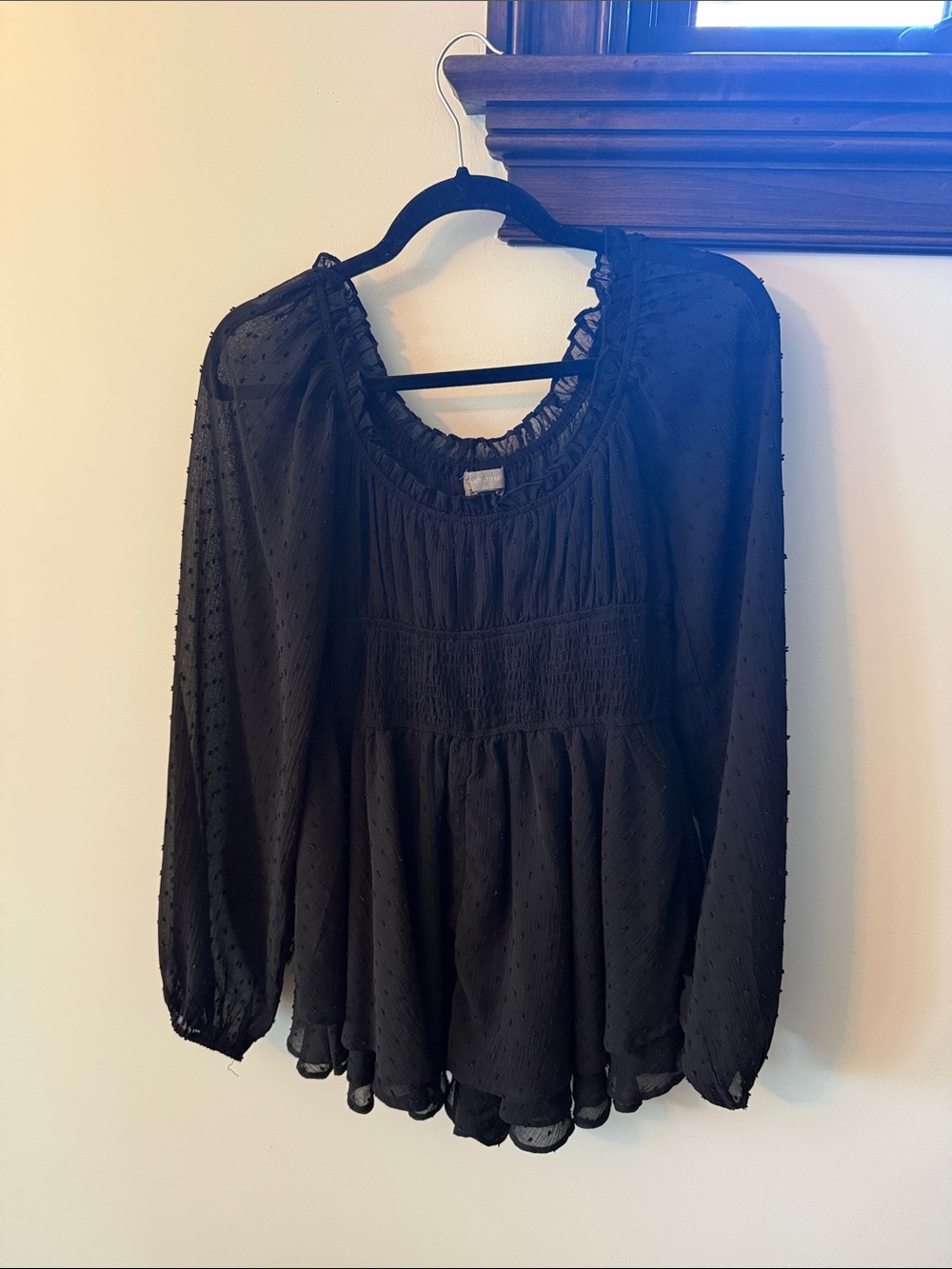Urban Outfitters Black Sheer Swiss Dot Smocked Peasant Top